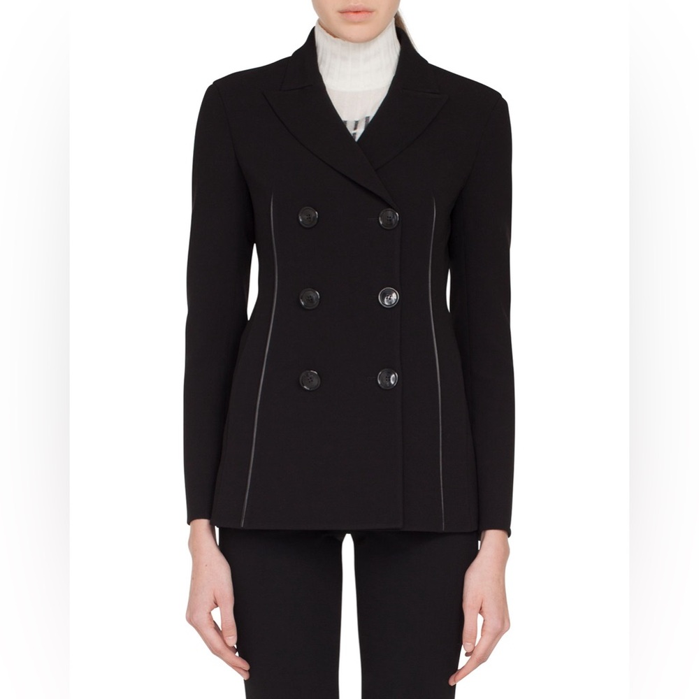 $3.9K Akris Scott Black Wool Leather Double Breasted Jacket Coat Size 8 44
